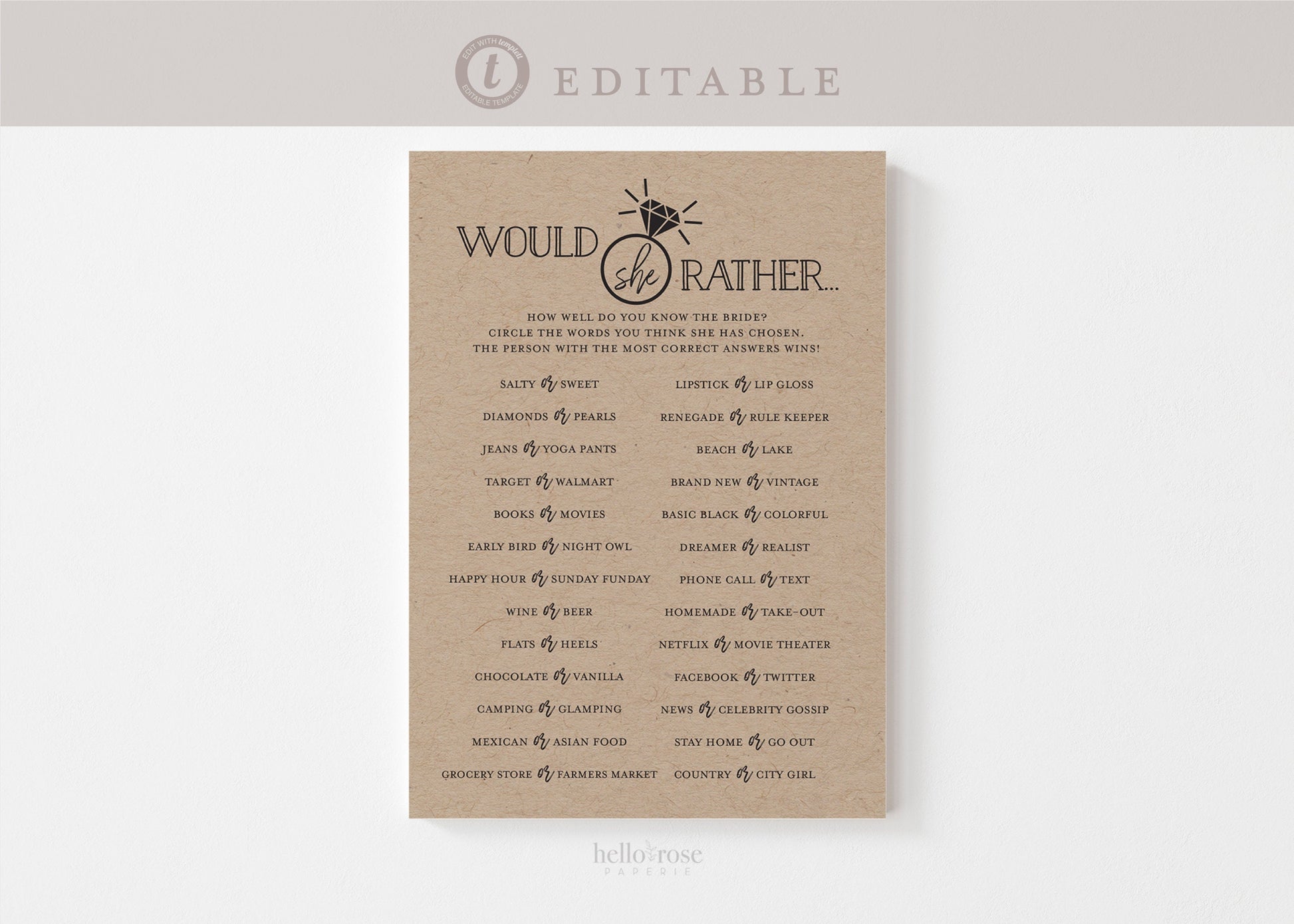 Would She Rather Game . Who Knows Bride Best . Bachelorette . Modern Minimalist . PRINTABLE Editable Template Instant Download Templett G2-T
