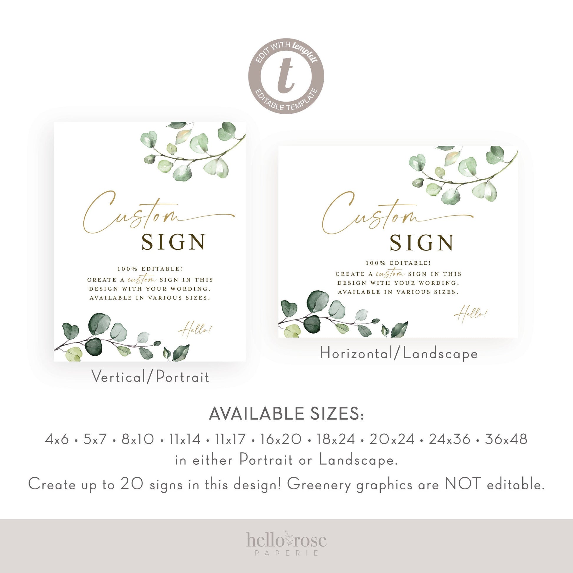 Custom Sign for Home, Business, Wedding, Bridal, Baby Shower, Holiday, Party, Quote . Greenery . PRINTABLE Editable Template Templett G2-T