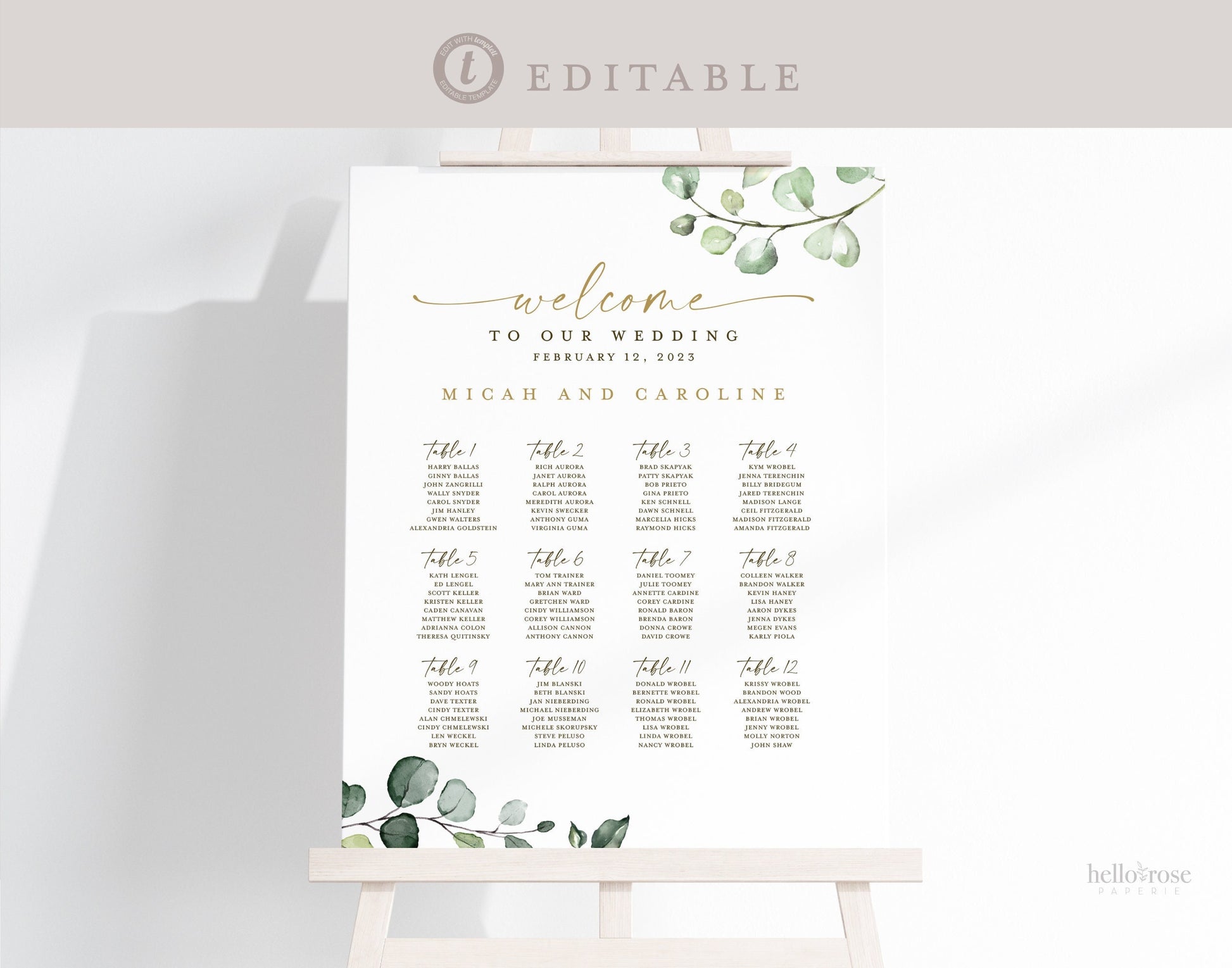 Seating Chart Wedding Poster Template . Wedding Assigned Seating Table Sign . Greenery and Gold . PRINTABLE Editable Text Templett G2-T