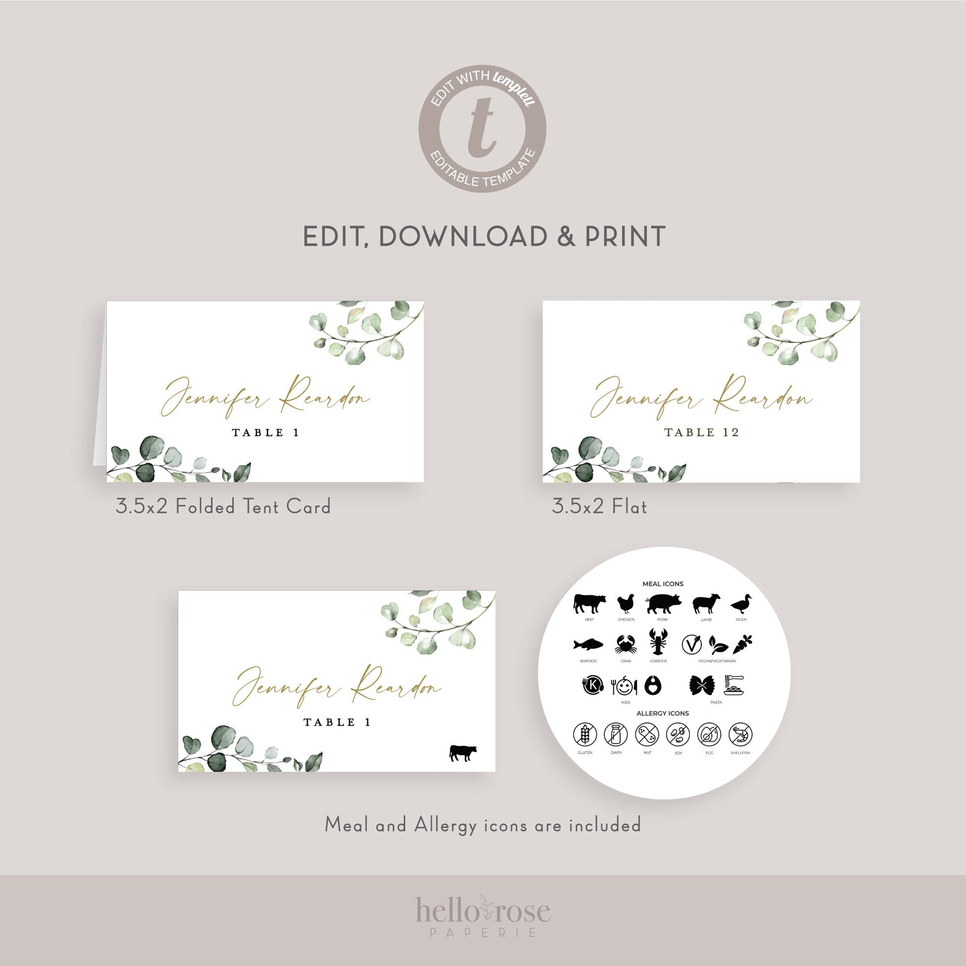 Place Cards Template for Wedding . Greenery and Gold . Table Number Name Escort Cards . PRINTABLE Editable Templett Instant Download . G2-T