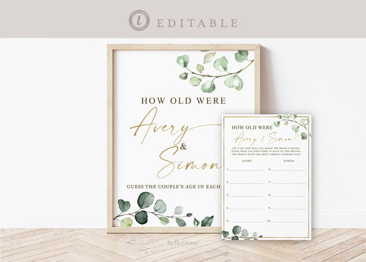 How Old Were the Bride and Groom . Bridal Shower Wedding Game . Greenery + Gold . PRINTABLE Editable Template Instant Download Templett G2-T
