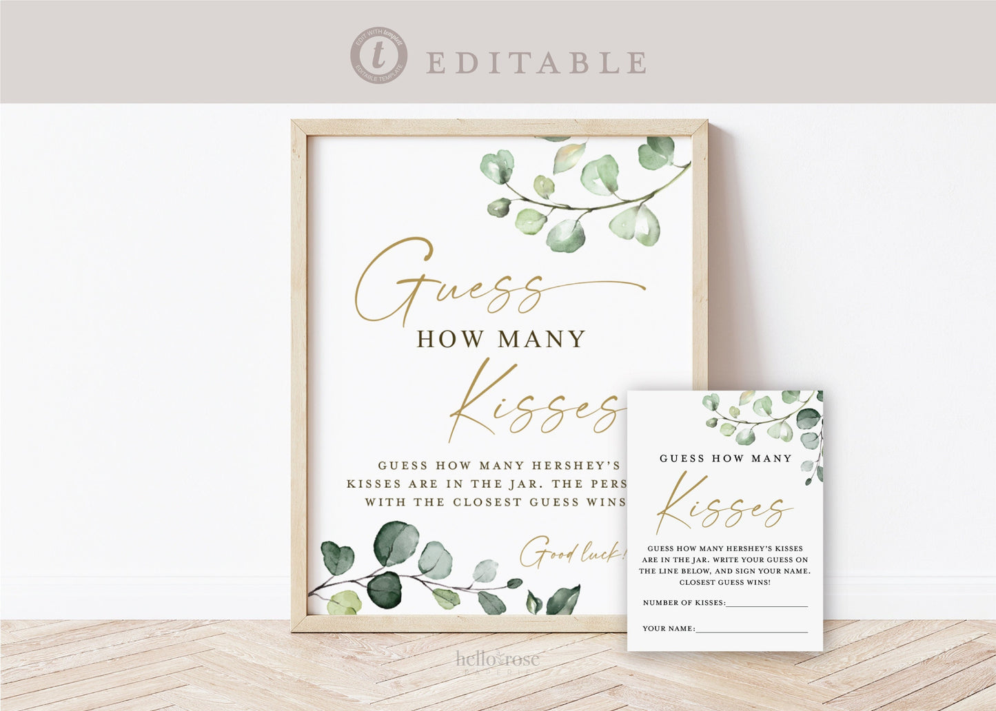 Guess How Many Kisses . Bridal Shower Wedding Game . Greenery + Gold . PRINTABLE Editable Template Instant Download Templett G2-T