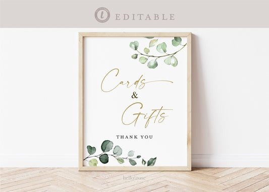 Cards and Gifts . Editable Printable Sign . Greenery + Gold . Baby Bridal Shower Wedding Party . Template Instant Download Templett G2-T