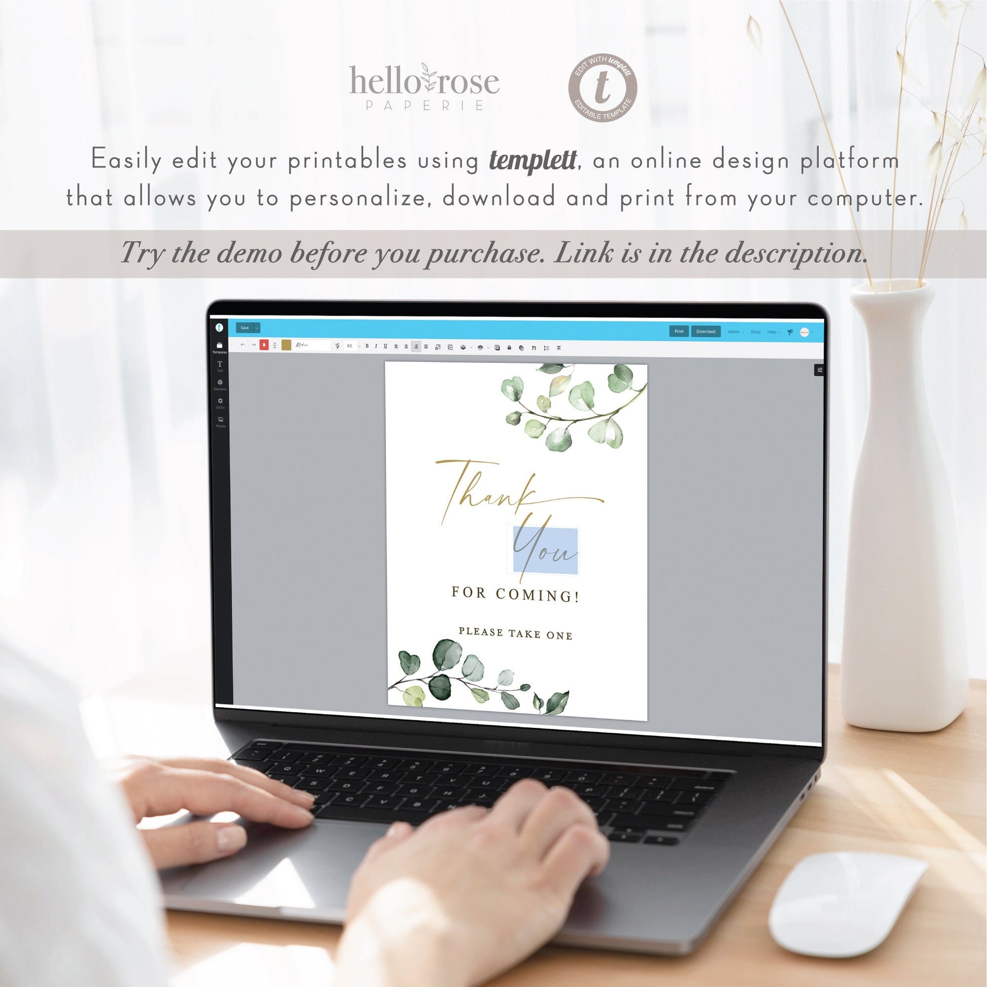 Thank You for Coming Please Take One Sign . Greenery + Gold . Baby Bridal Shower Wedding Party . Template Instant Download Templett G2-T