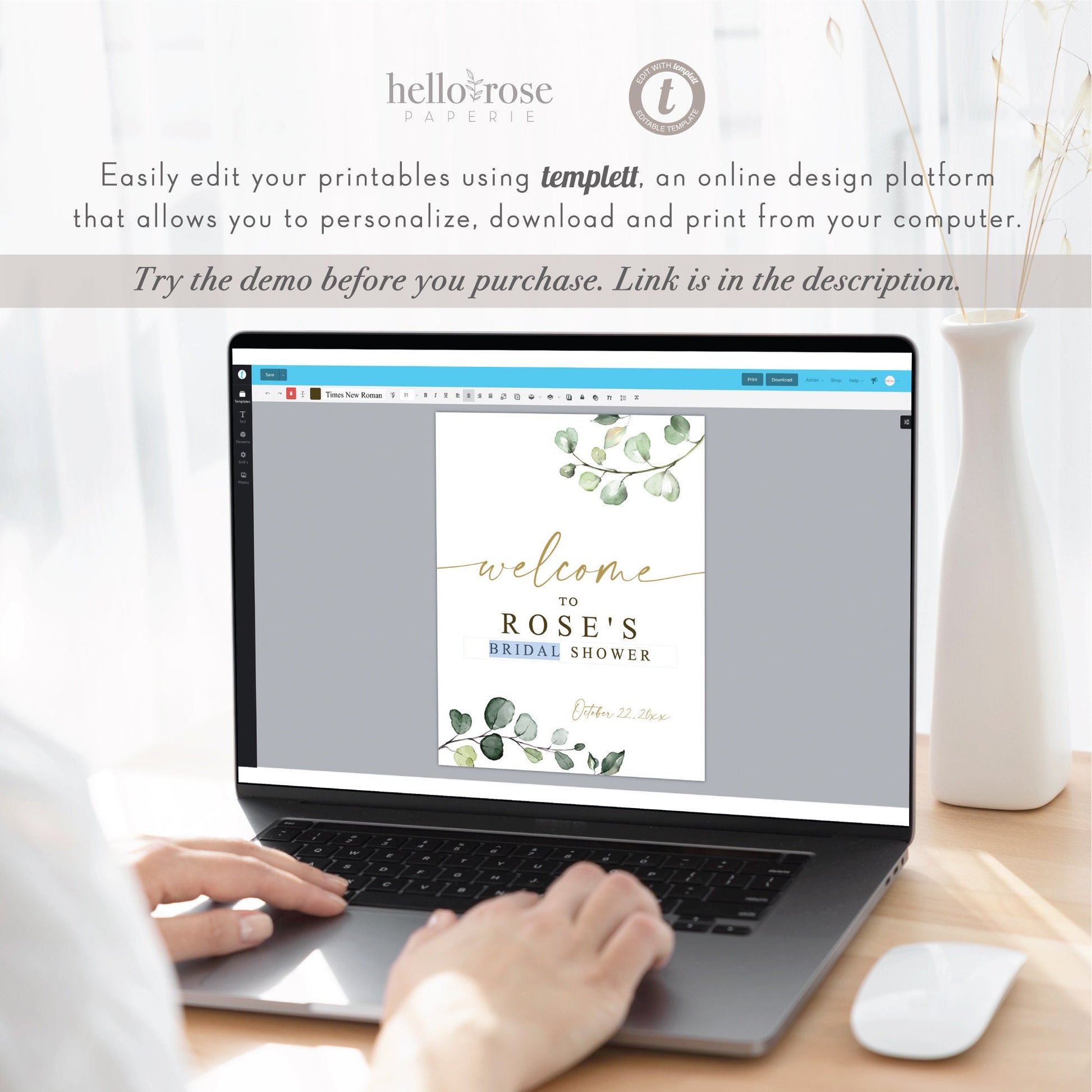 Bridal Shower Welcome Sign Template . Greenery + Gold Eucalyptus . PRINTABLE Editable Welcome Poster . Instant Download Templett PENNY