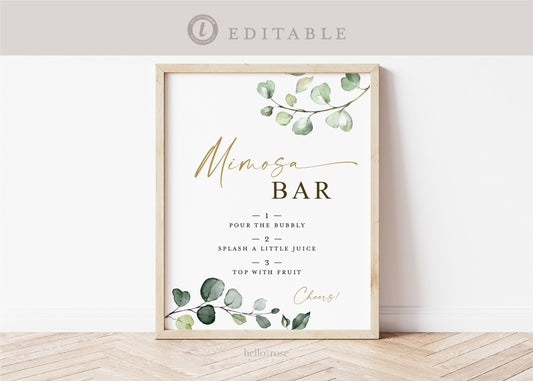 Mimosa Bar Sign . Greenery + Gold . Wedding Engagement Bridal Baby Shower Bachelorette Hens Party . Template Instant Download Templett G2-T