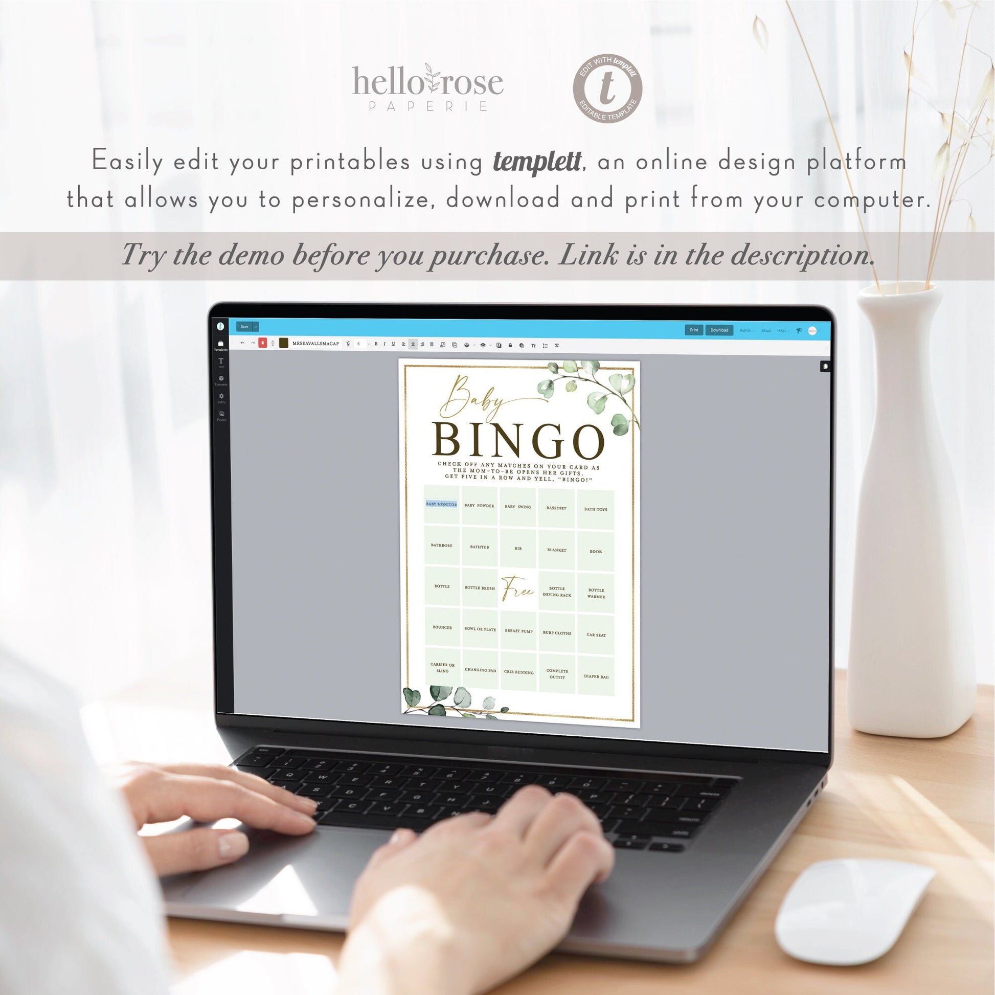 Baby Shower Bingo Pre Filled Unique Game Cards . Gift Opening Game. Greenery Gold PRINTABLE Editable Template Instant Download Templett G2-T