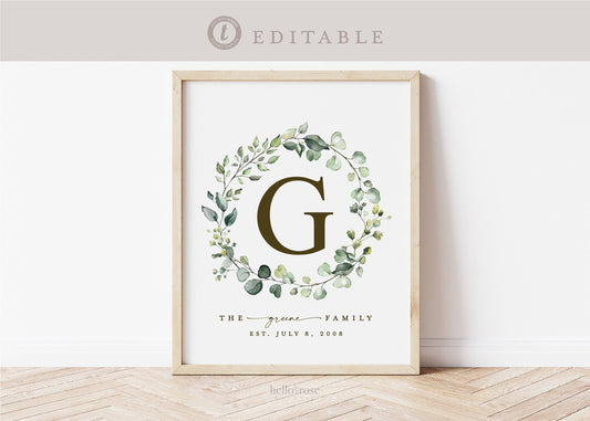 Personalized Family Name Printable Christmas Gift Sign . Last Name Monogram Established Date . Wedding Anniversary . Download Templett