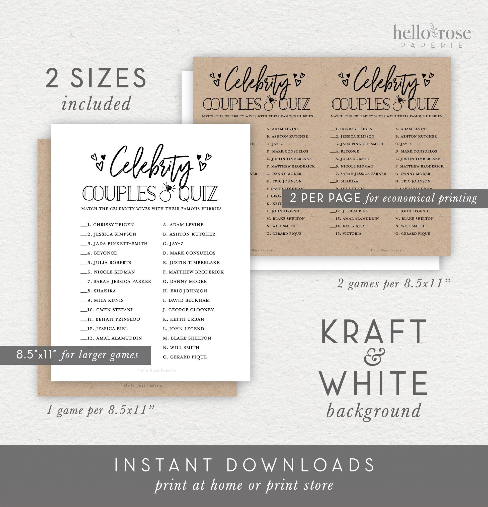 Celebrity Couples Quiz + Answer Key . Printable Bridal Shower Game . Kraft + Minimalist Black and White . Instant Digital Download PDF