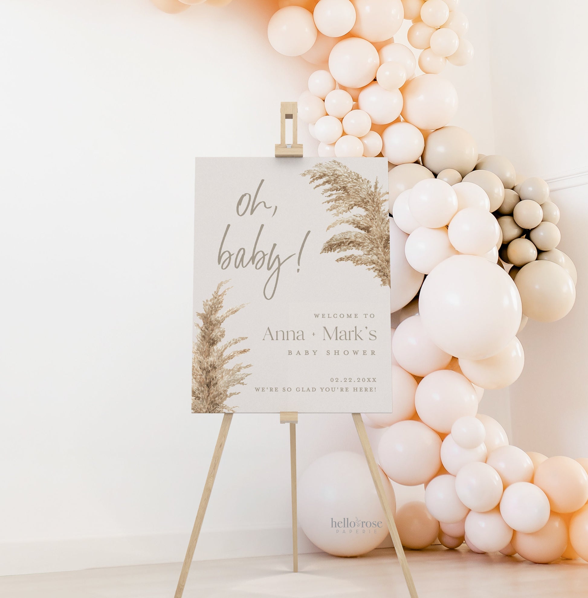 Oh Baby Welcome Sign . Boho Pampas Grass Baby Shower Template . PRINTABLE Editable Poster . Instant Download Templett ELISA