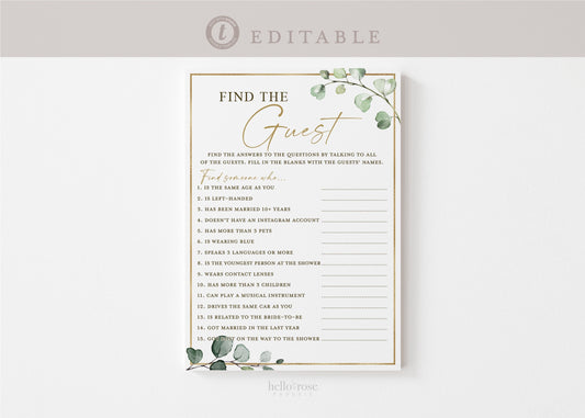 Bridal Shower Find the Guest Who Printable Game . Greenery and Gold . PRINTABLE Editable Template . Instant Download Templett G2-T