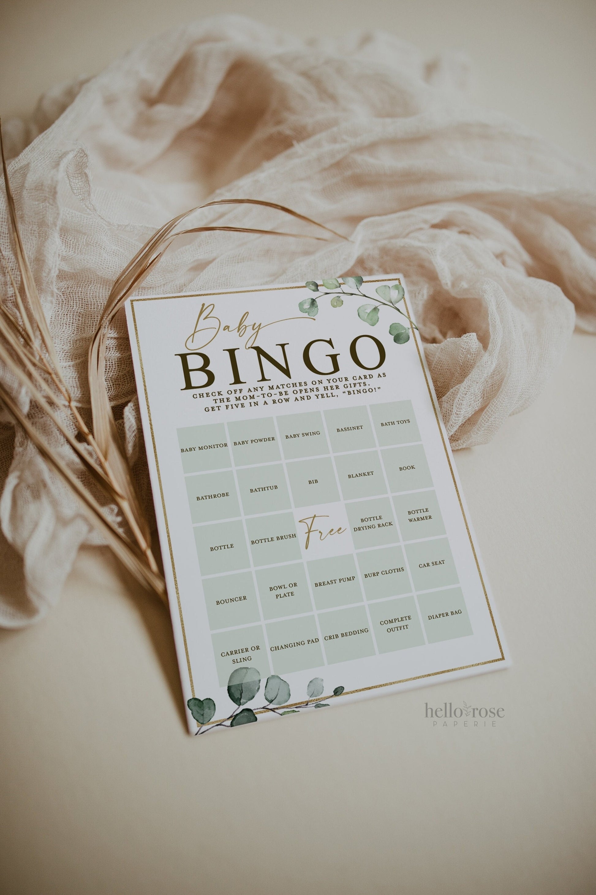 Baby Shower Bingo Pre Filled Unique Game Cards . Gift Opening Game. Greenery Gold PRINTABLE Editable Template Instant Download Templett G2-T