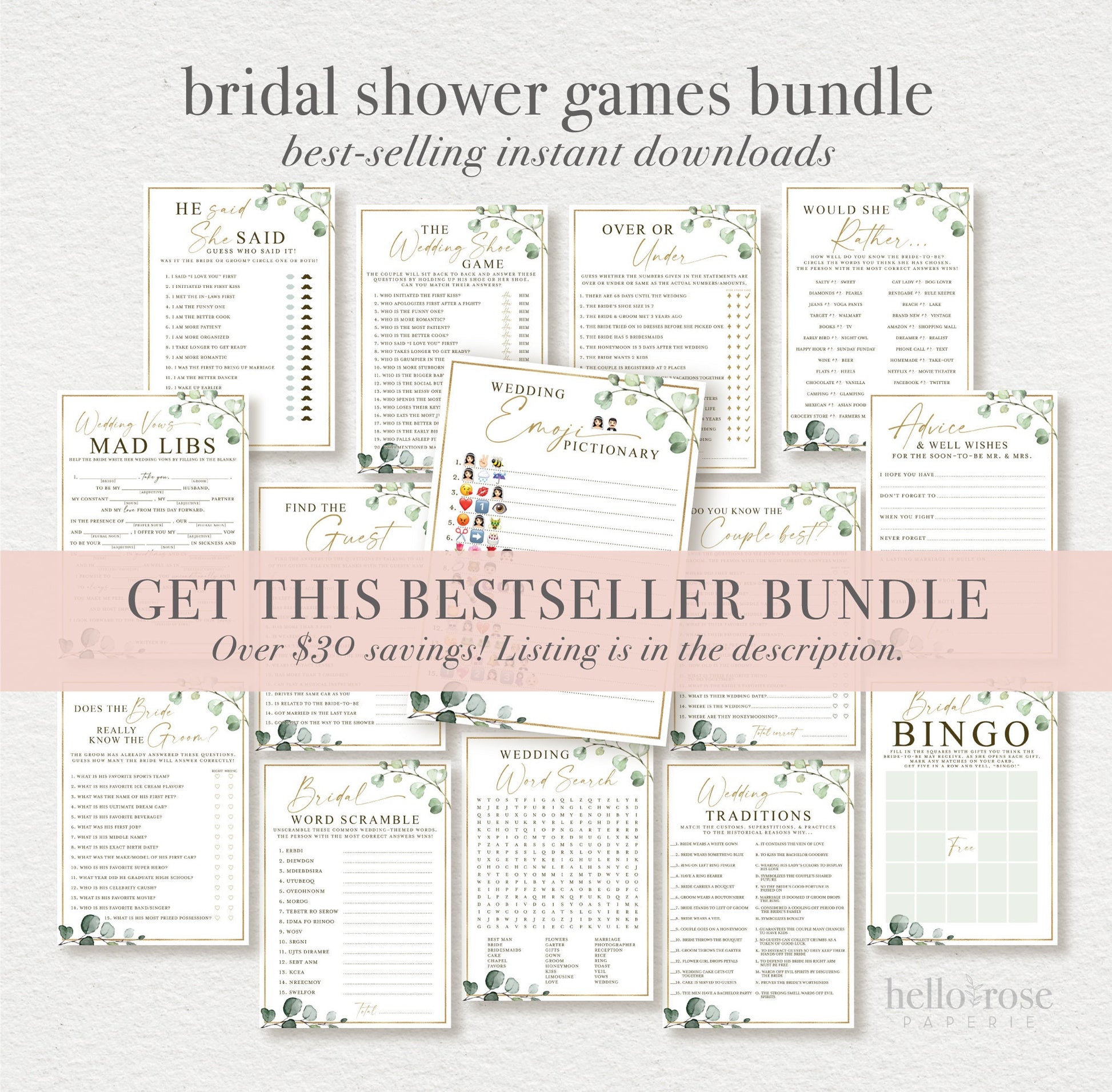 Bridal Word Scramble Fun Bridal Shower Game . Greenery and Gold . Hens Bachelorette Party . Printable Instant Download G2