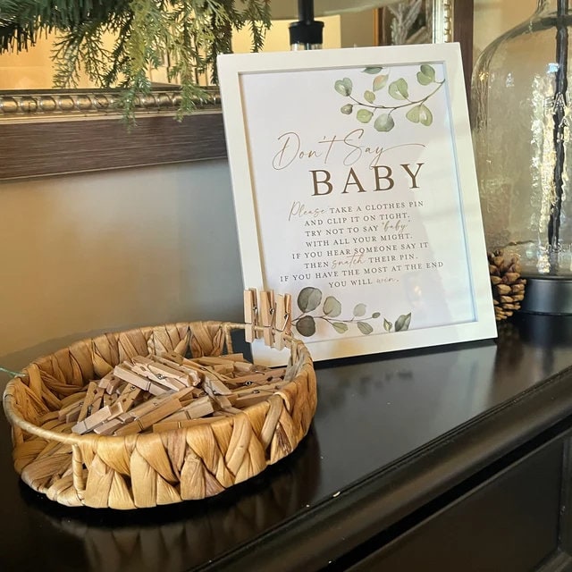 Don't Say Baby Clothespin Baby Shower Game Table Sign . Greenery and Gold . Baby Shower Printable Game . Instant Download 8x10 G2