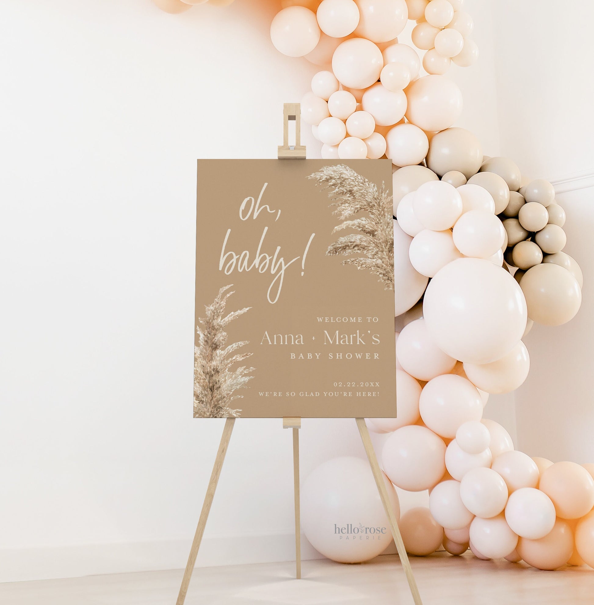 Oh Baby Welcome Sign . Boho Pampas Grass Baby Shower Template . PRINTABLE Editable Poster . Instant Download Templett ELISA