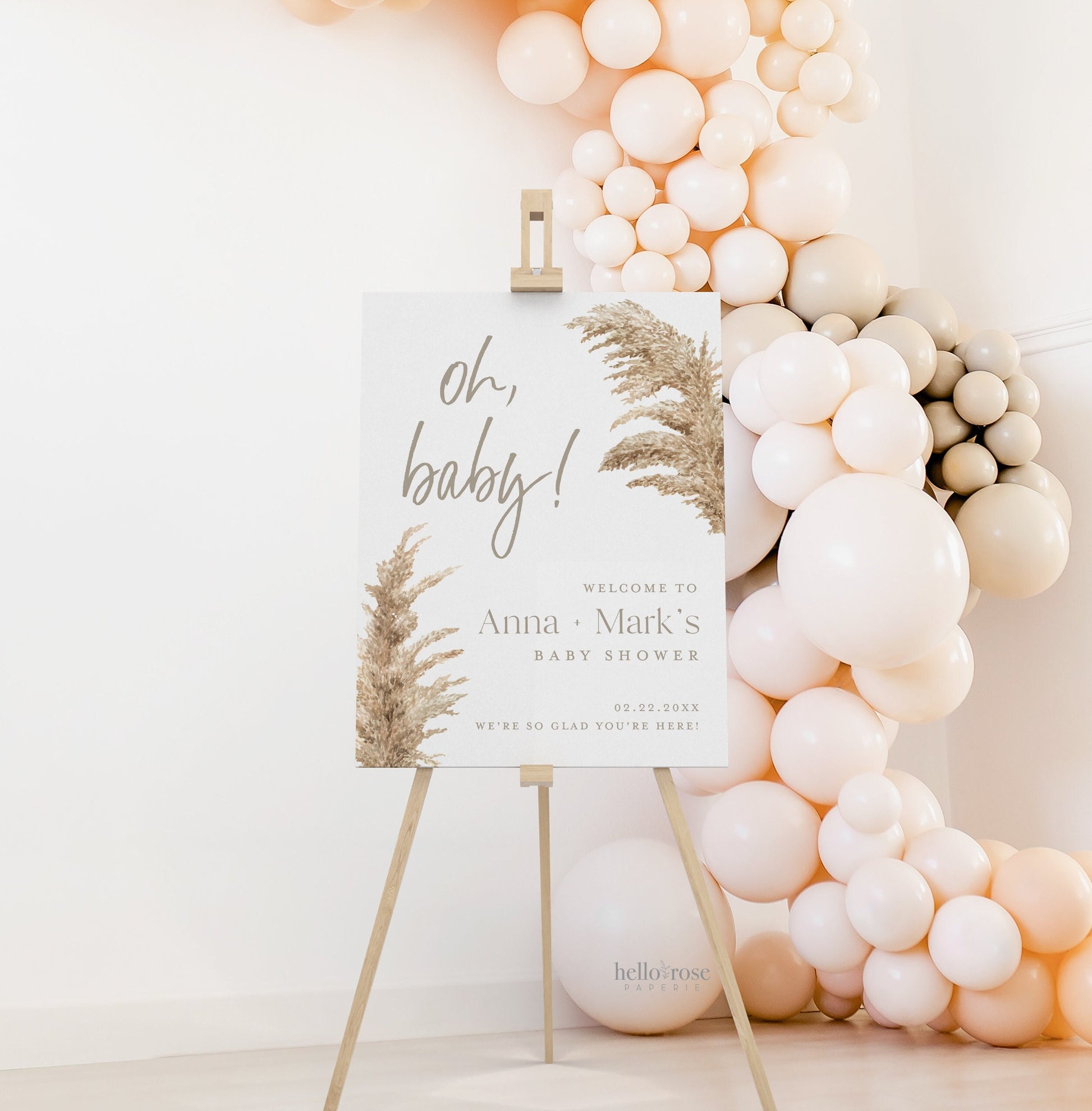 Oh Baby Welcome Sign . Boho Pampas Grass Baby Shower Template . PRINTABLE Editable Poster . Instant Download Templett ELISA