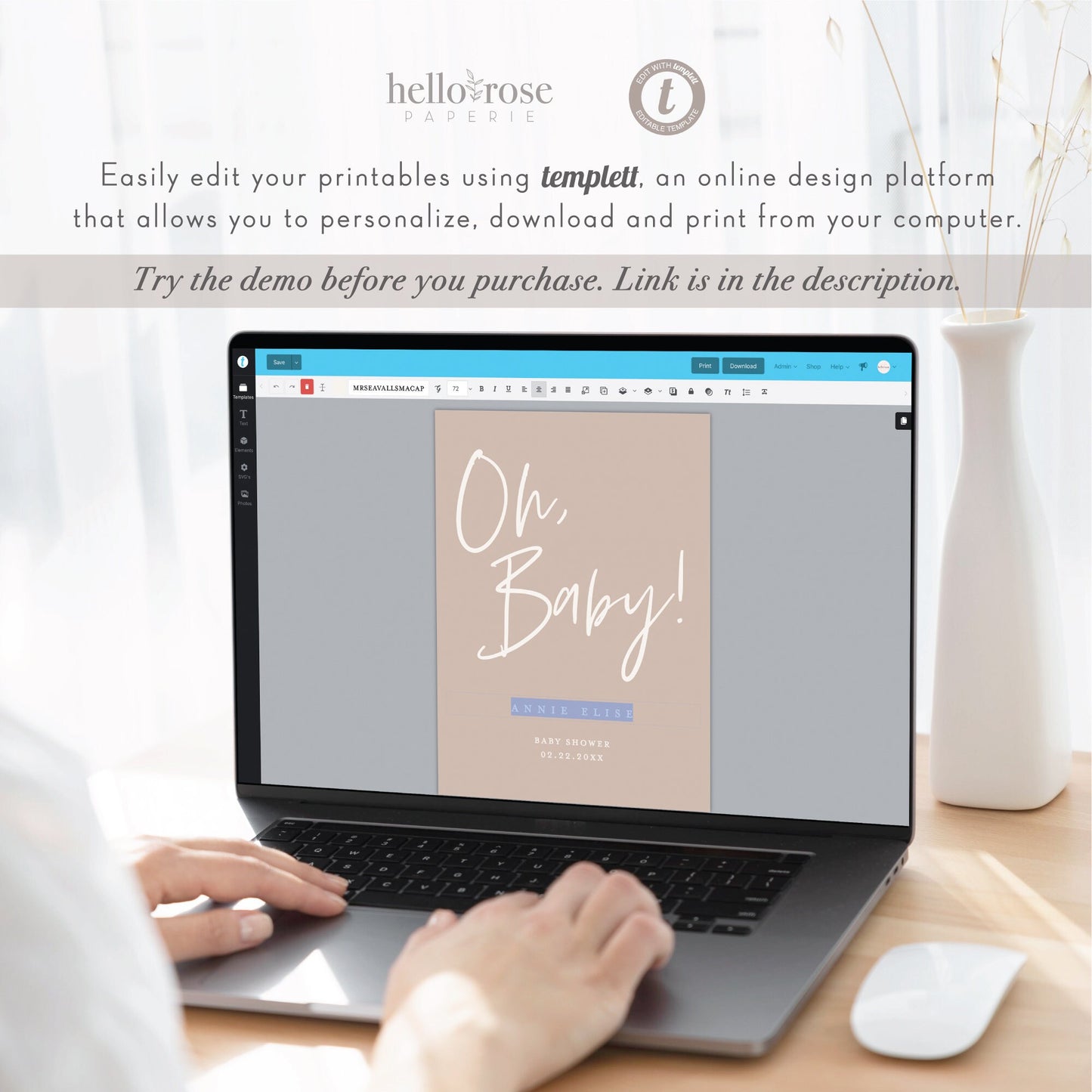 Oh Baby Welcome Sign . Simple Script Minimalist Baby Shower Welcome Template . PRINTABLE Editable Poster . Instant Download Templett ELISA