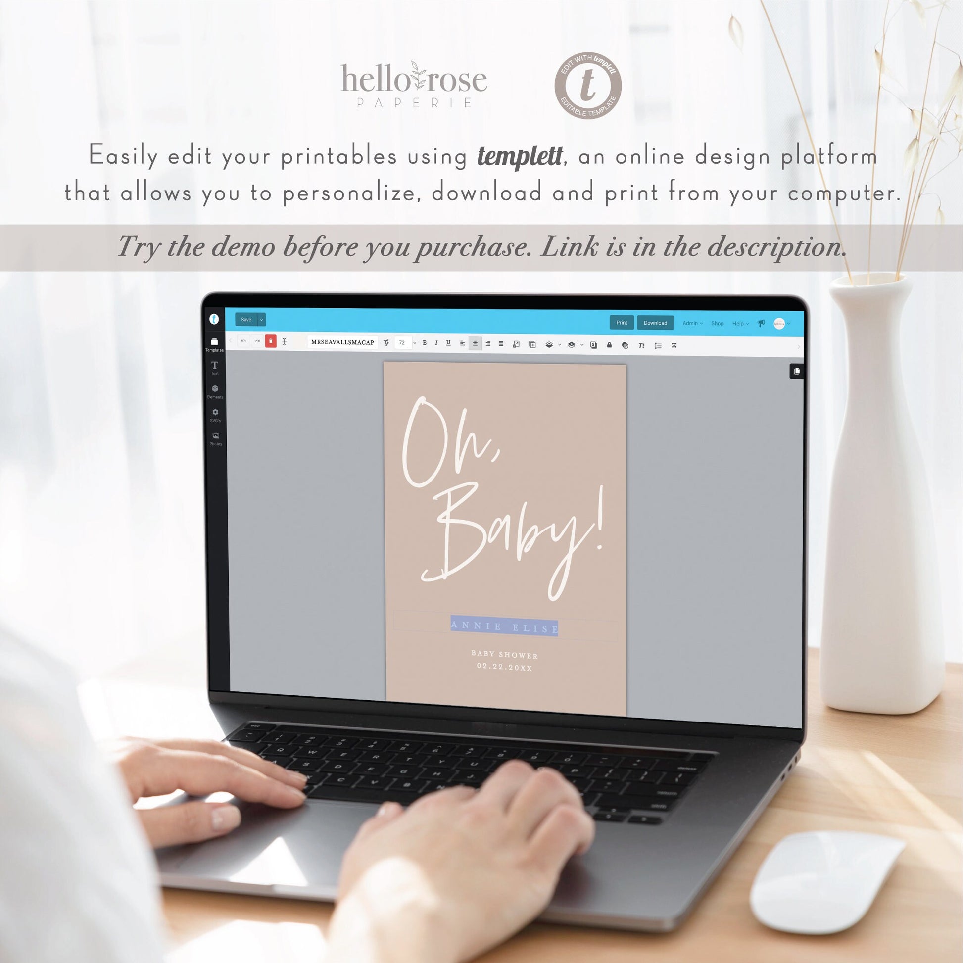 Oh Baby Welcome Sign . Simple Script Minimalist Baby Shower Welcome Template . PRINTABLE Editable Poster . Instant Download Templett ELISA