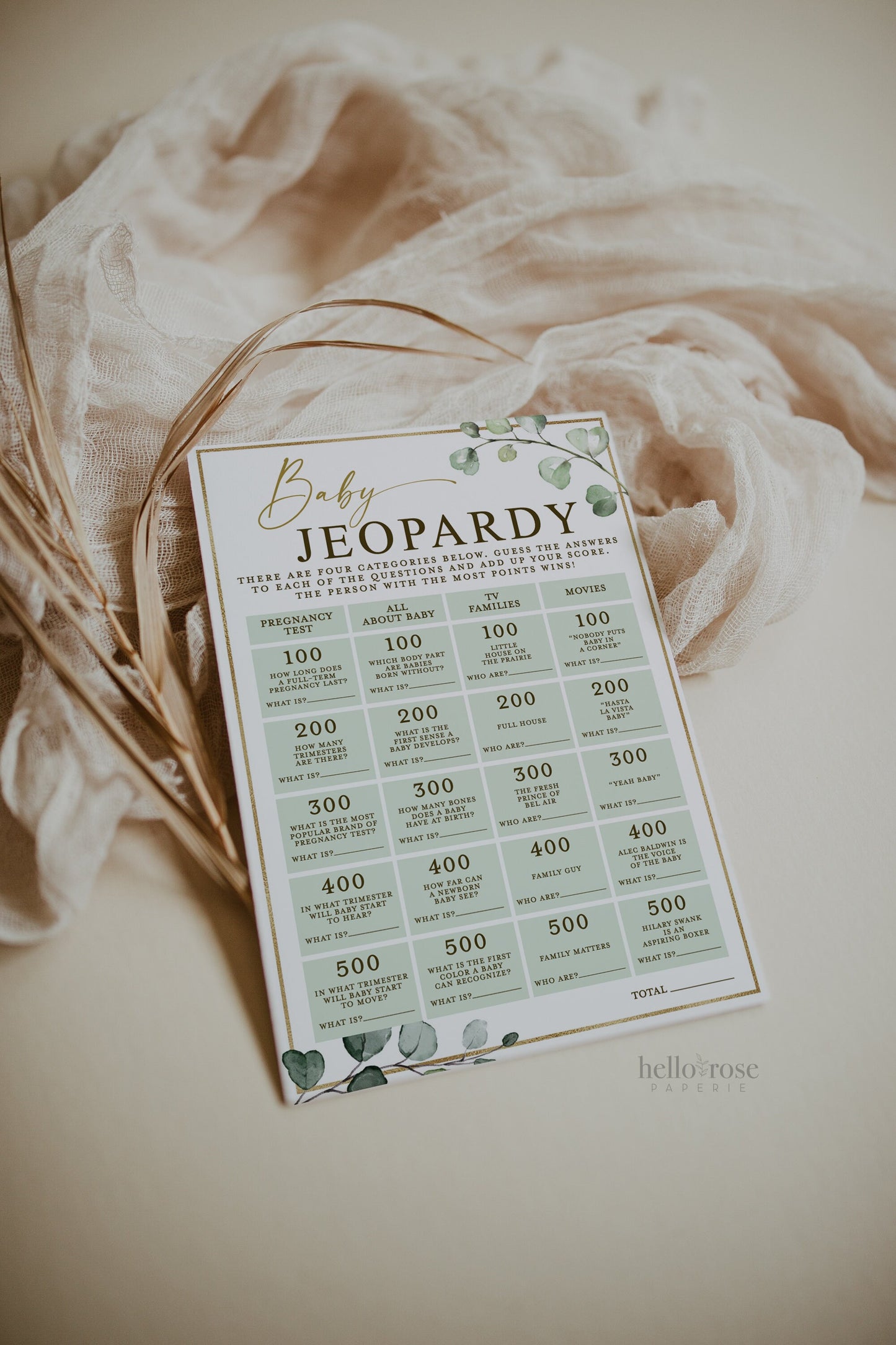 Baby Jeopardy Printable Game . Gender Neutral Baby Shower Greenery and Gold . PRINTABLE Editable Template . Instant Download Templett G2-T
