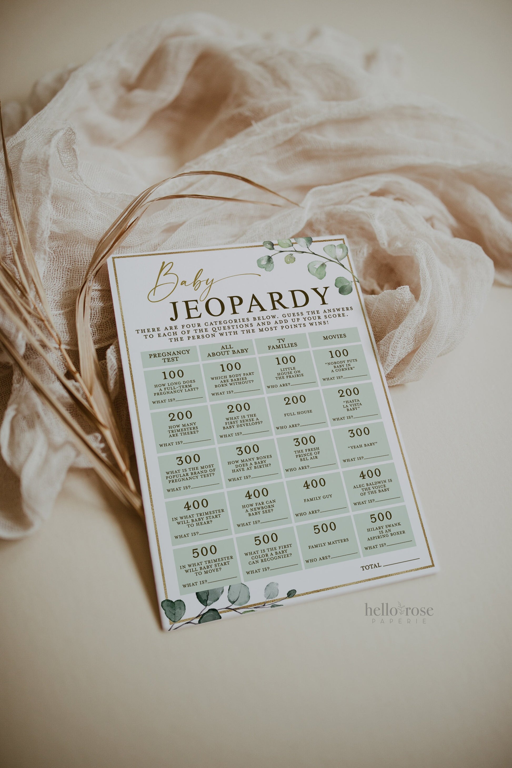Baby Jeopardy Printable Game . Gender Neutral Baby Shower Greenery and Gold . PRINTABLE Editable Template . Instant Download Templett G2-T