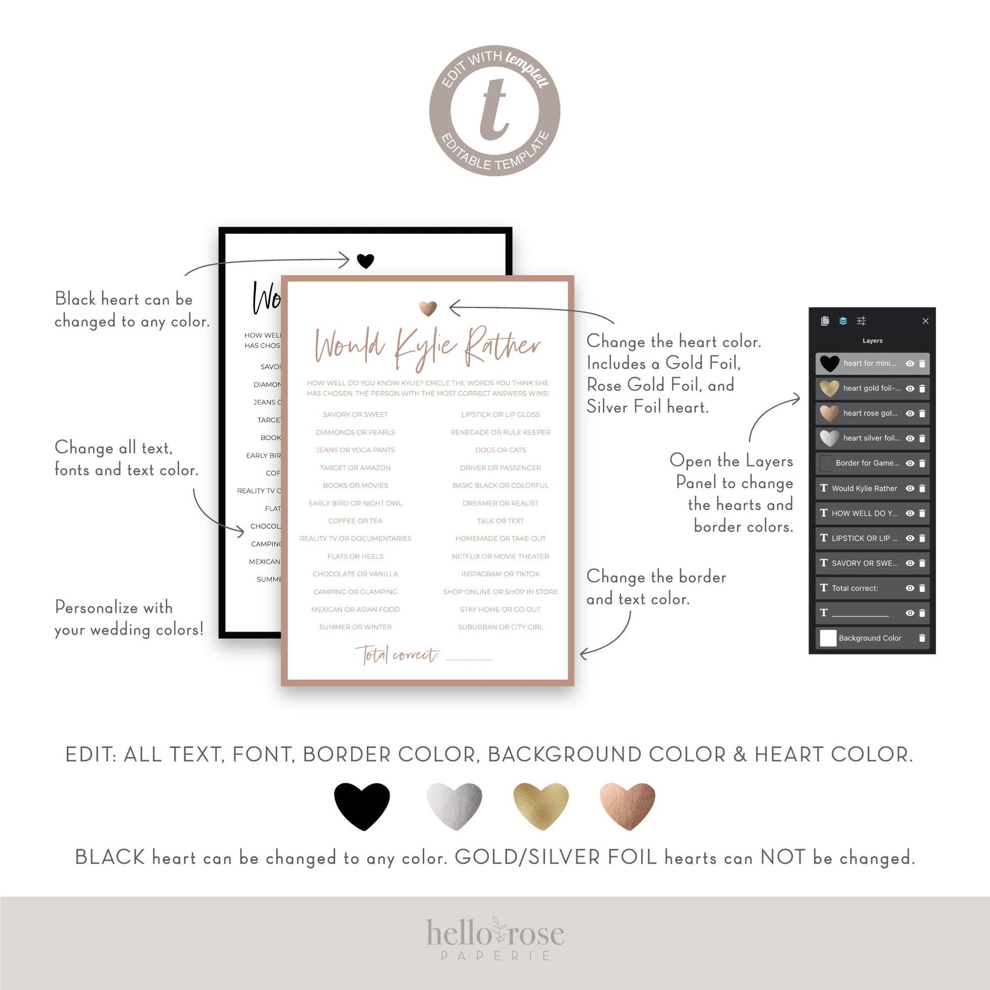 Would She Rather Bridal Shower Bachelorette Game . FULLY EDITABLE . Minimalist Personalized . Printable Instant Download Template Templett