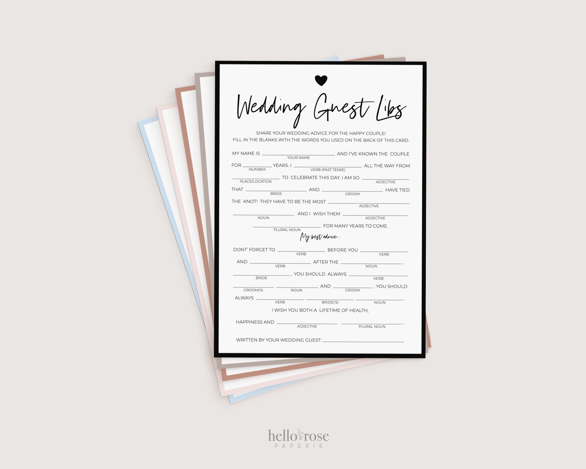 Wedding Guest Libs Game . FULLY EDITABLE . Printable Funny Wedding Advice Mad Libs . Minimalist Personalized . Download Template Templett