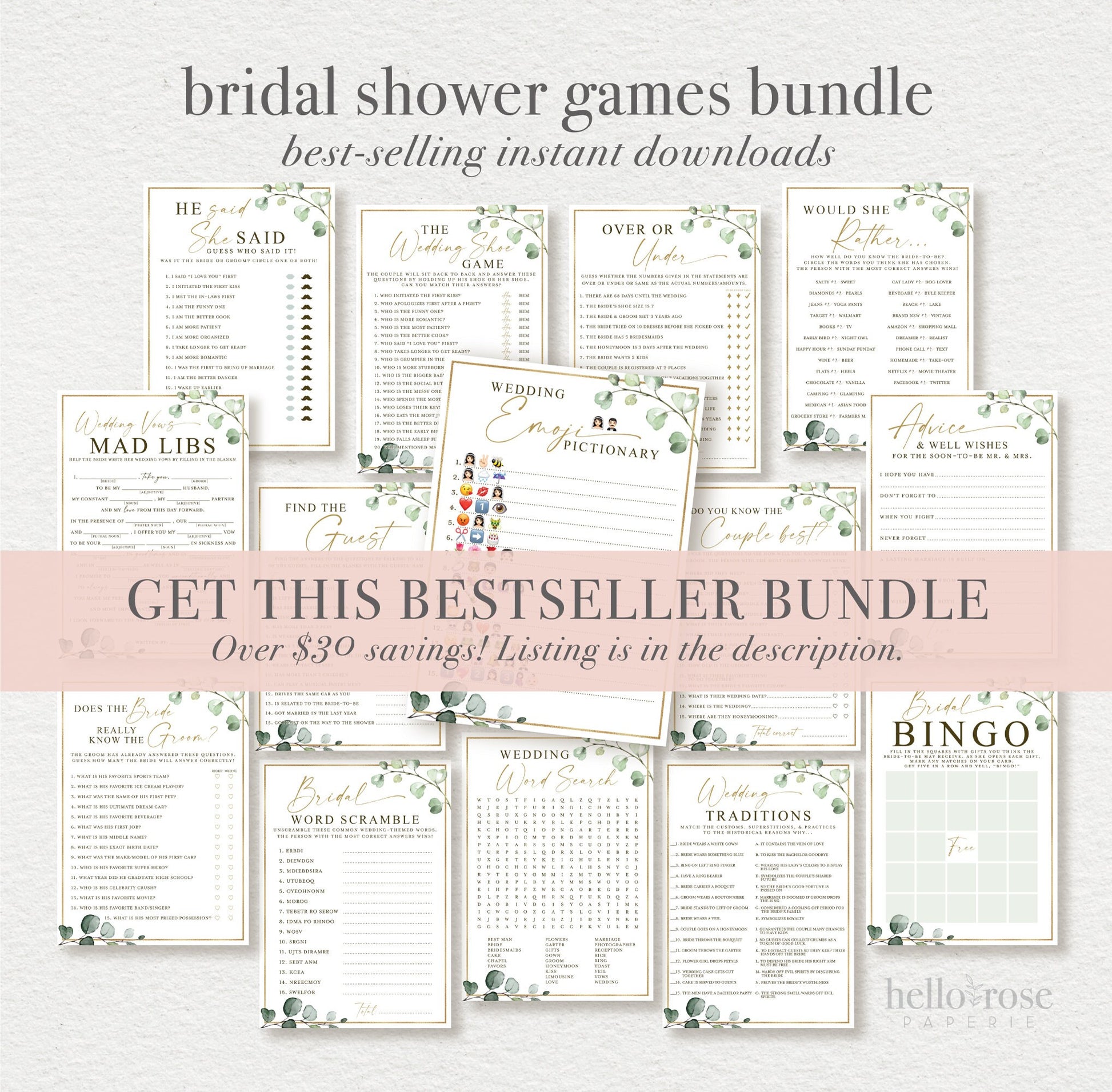 Wedding Traditions Bridal Shower Trivia Guessing Game . Greenery and Gold . Wedding Hens Bachelorette Party . Printable Instant Download G2