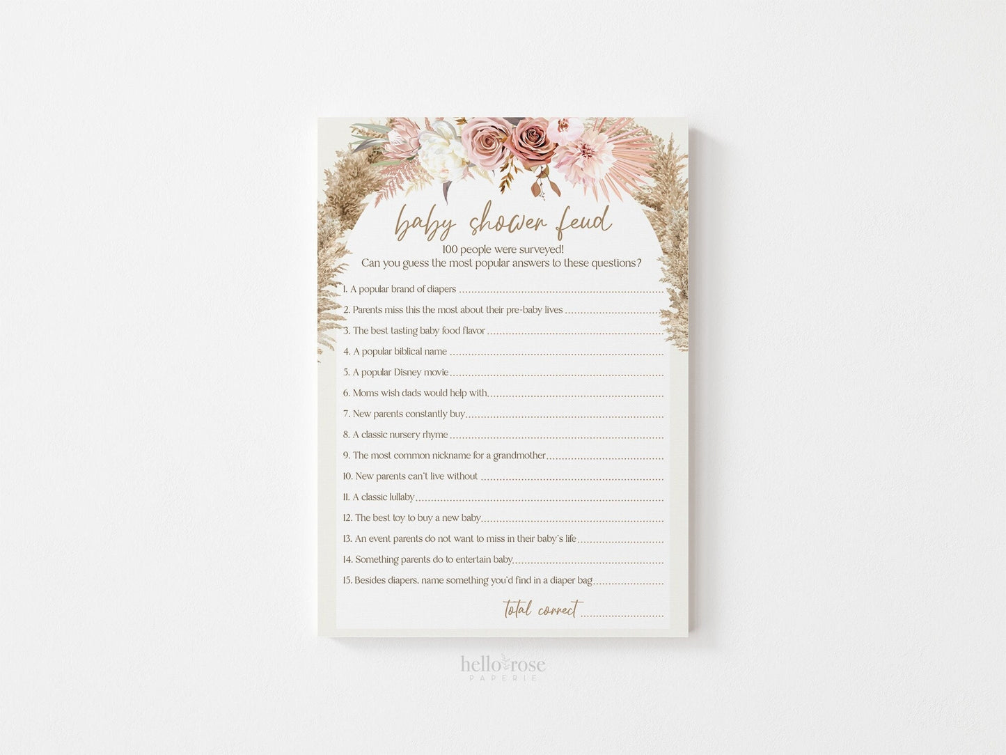 Baby Shower Feud Printable Baby Shower Game . Blush Pink Pampas Grass . Boho Pink Floral Baby Shower Girl . Instant Download