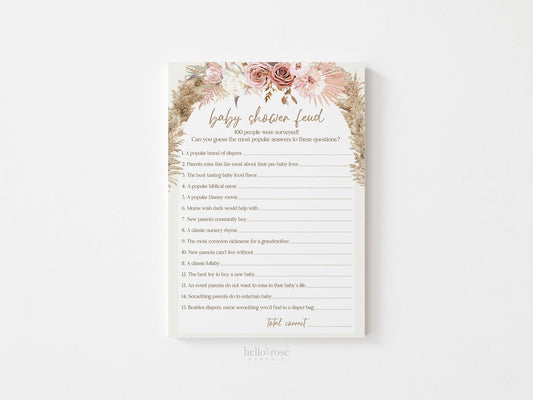 Baby Shower Feud Printable Baby Shower Game . Blush Pink Pampas Grass . Boho Pink Floral Baby Shower Girl . Instant Download