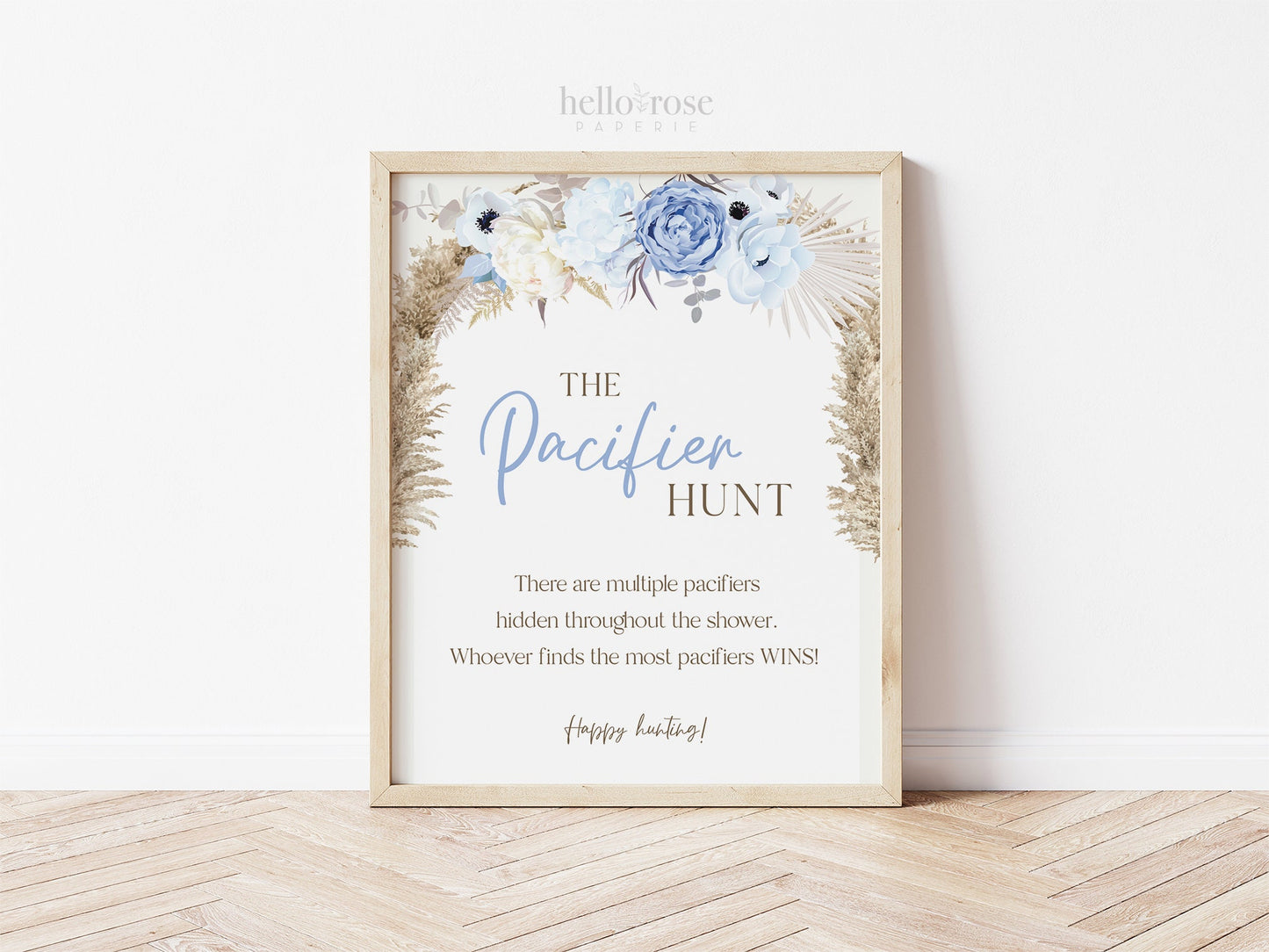 Pacifier Hunt PRINTABLE Baby Shower Game Table Sign . Boy Baby Shower . Blue Pampas Grass Floral . 8x10 Instant Digital Download