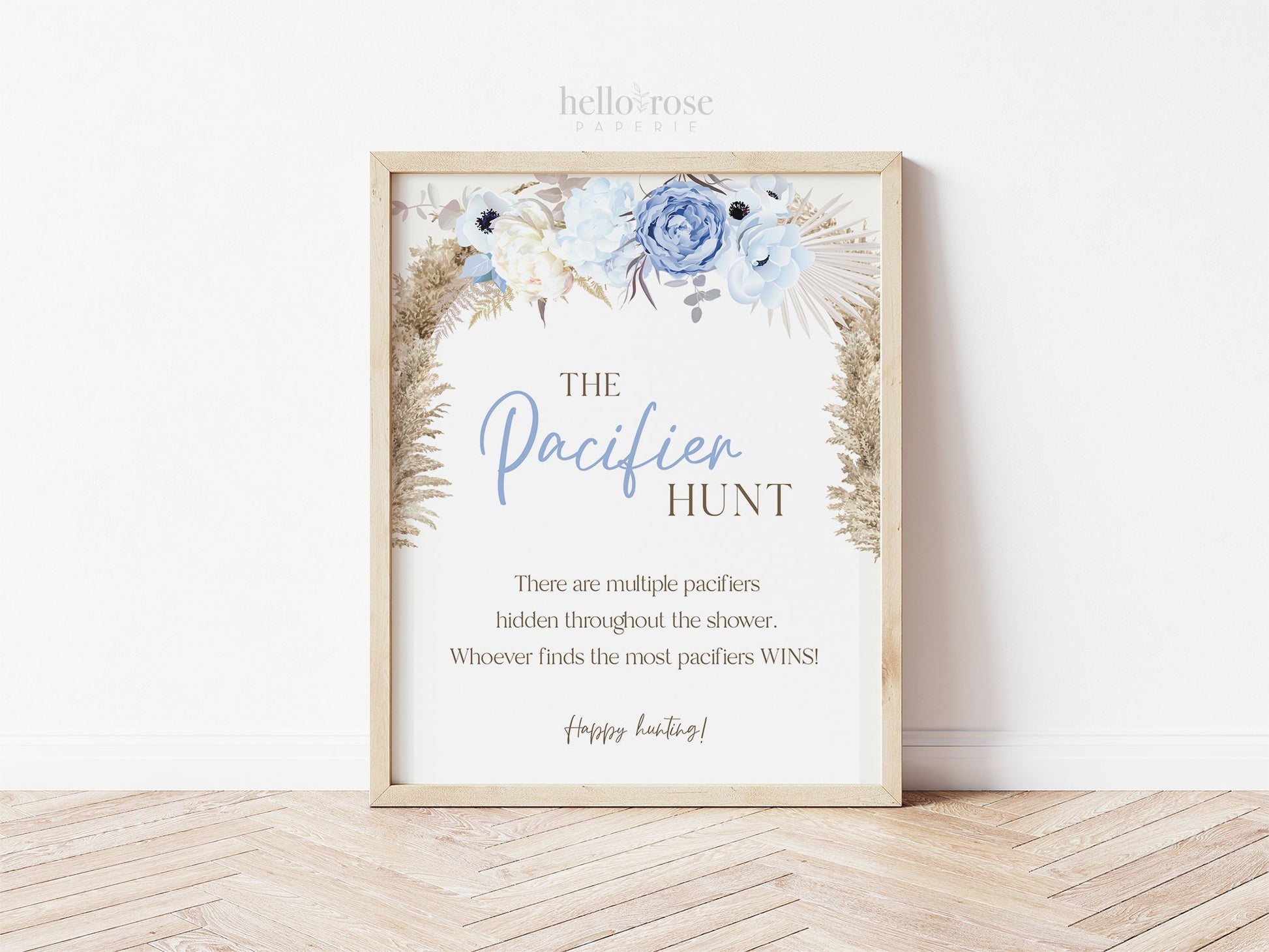 Pacifier Hunt PRINTABLE Baby Shower Game Table Sign . Boy Baby Shower . Blue Pampas Grass Floral . 8x10 Instant Digital Download