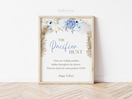 Pacifier Hunt PRINTABLE Baby Shower Game Table Sign . Boy Baby Shower . Blue Pampas Grass Floral . 8x10 Instant Digital Download