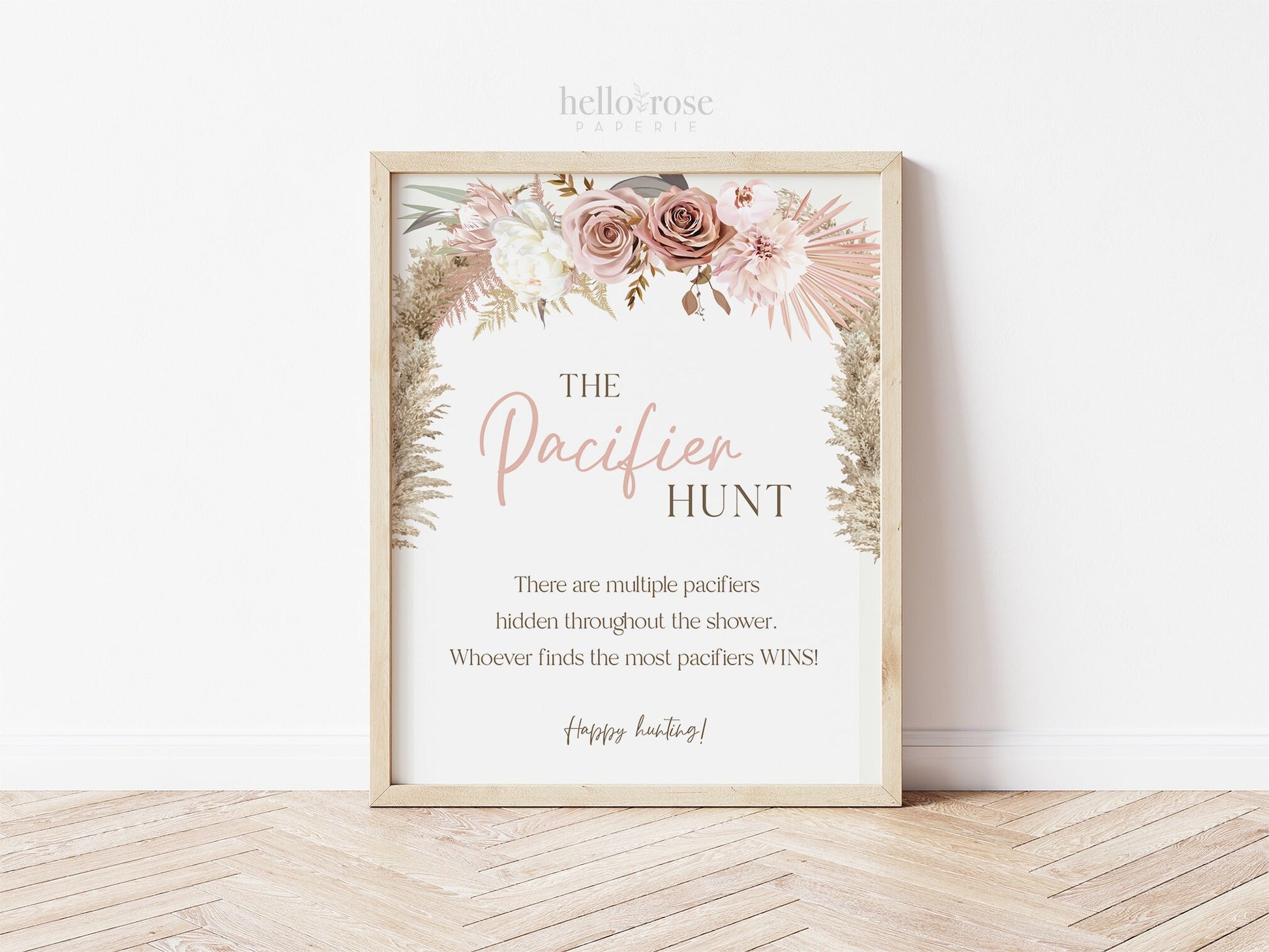 Pacifier Hunt PRINTABLE Baby Shower Game Table Sign . Girl Baby Shower . Blush Pink Pampas Grass Floral . 8x10 Instant Digital Download