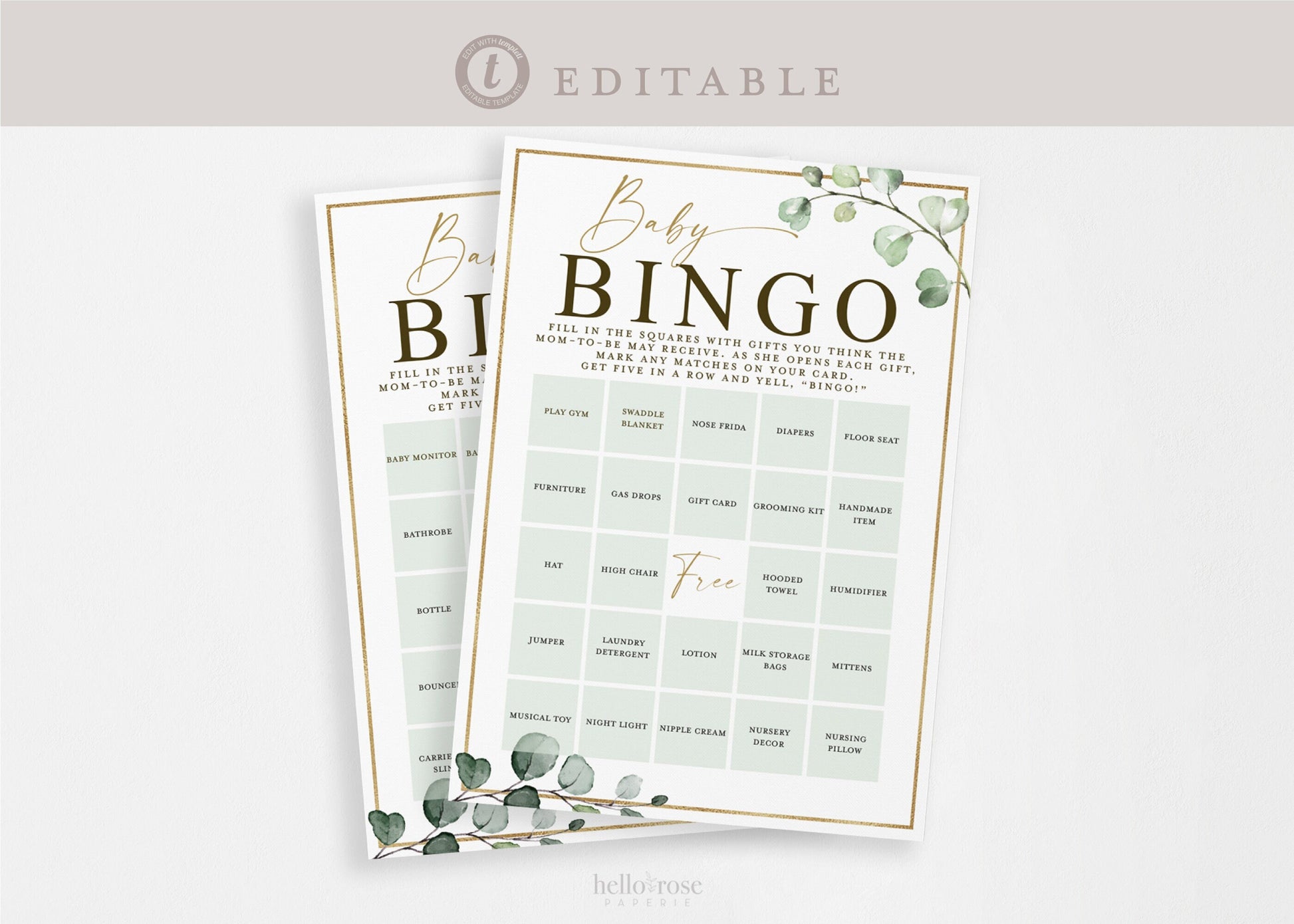 Baby Shower Bingo Pre Filled Unique Game Cards . Gift Opening Game. Greenery Gold PRINTABLE Editable Template Instant Download Templett G2-T