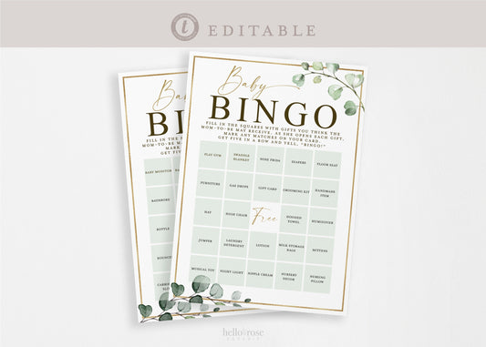 Baby Shower Bingo Pre Filled Unique Game Cards . Gift Opening Game. Greenery Gold PRINTABLE Editable Template Instant Download Templett G2-T