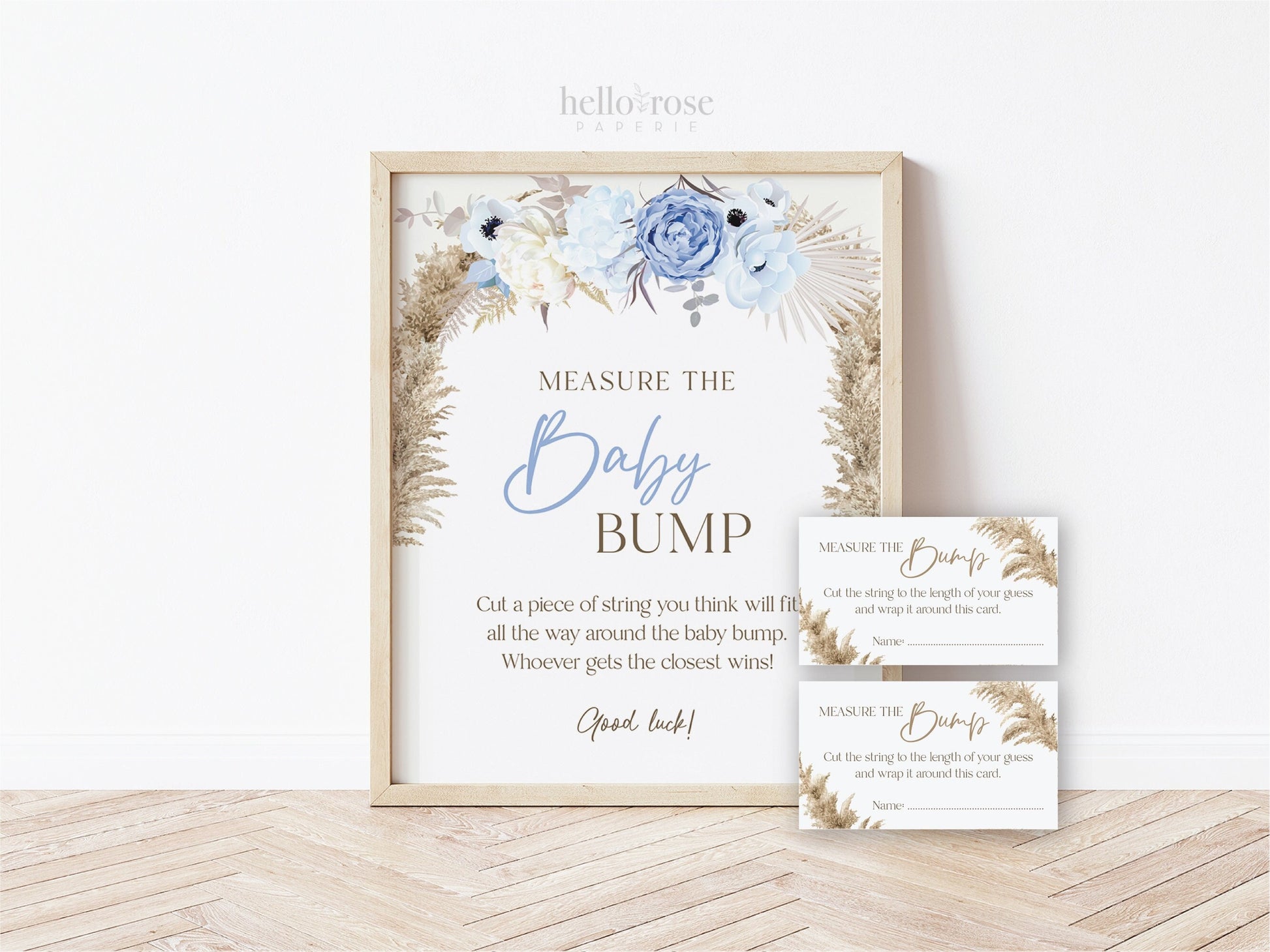Measure the Baby Bump Baby Shower Game Sign + Cards . Boy Baby Shower . Boho Pampas Grass Blue Floral . 8x10 Sign Instant Download