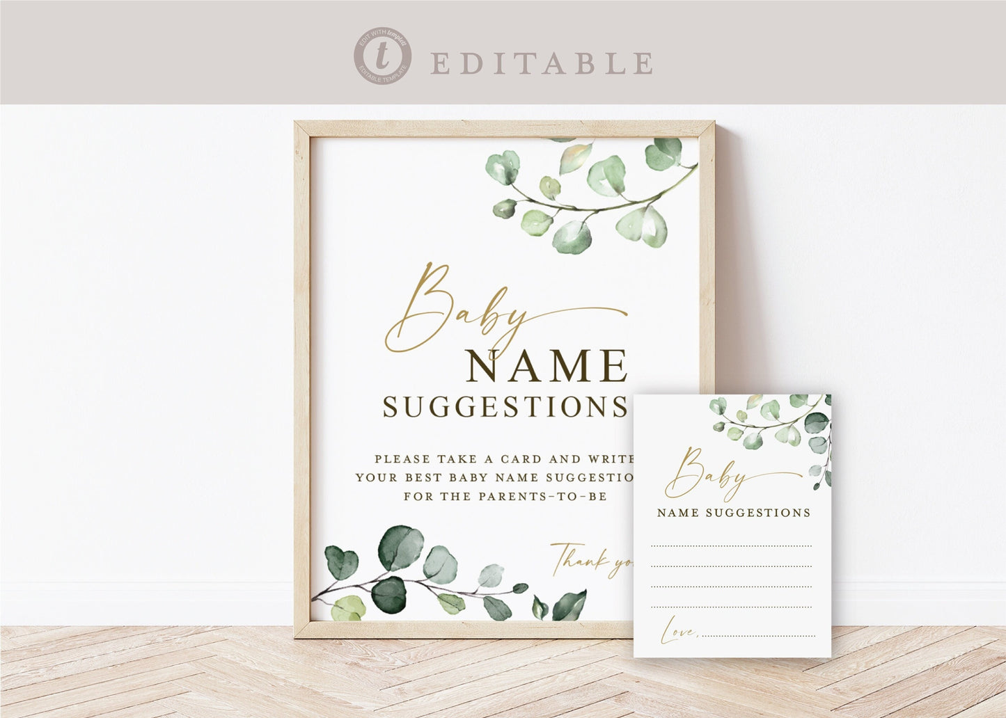 Baby Name Suggestions Printable Baby Shower Game . Sign + Card . Greenery Gold . PRINTABLE Editable Template Instant Download Templett G2-T