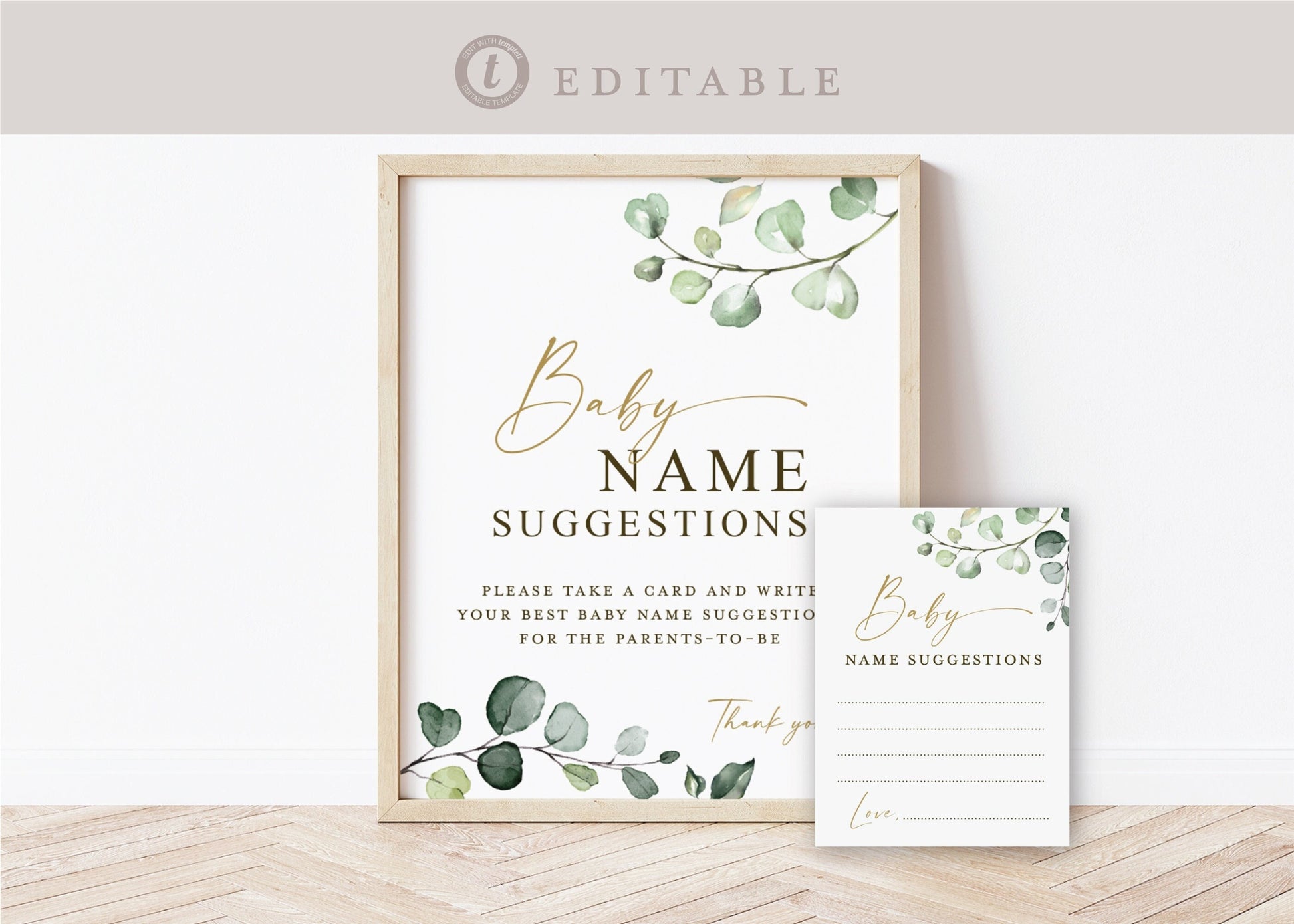Baby Name Suggestions Printable Baby Shower Game . Sign + Card . Greenery Gold . PRINTABLE Editable Template Instant Download Templett G2-T