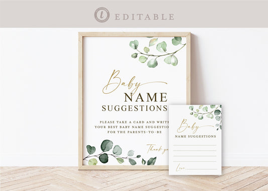 Baby Name Suggestions Printable Baby Shower Game . Sign + Card . Greenery Gold . PRINTABLE Editable Template Instant Download Templett G2-T