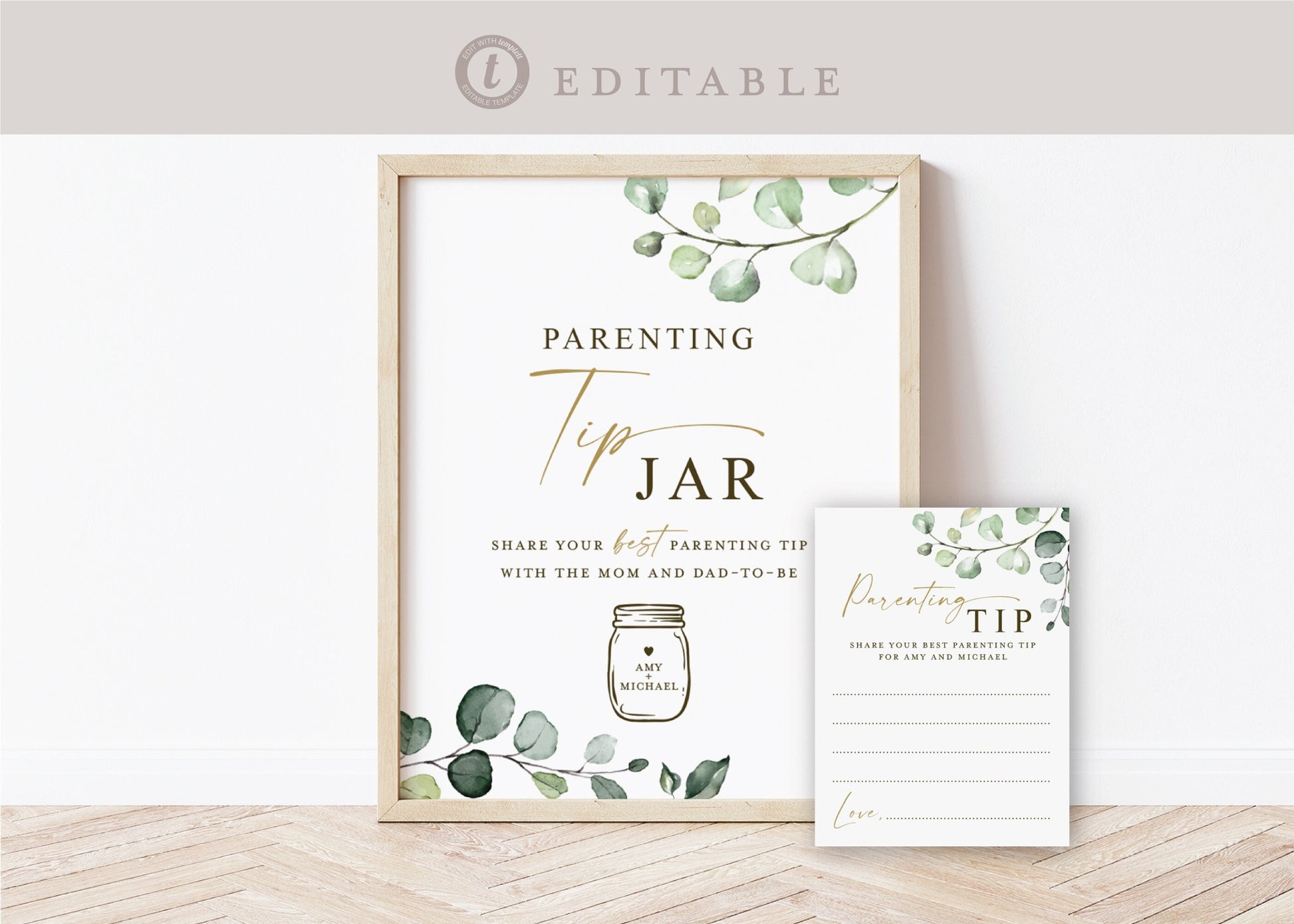 Parenting Tips Jar . Personalized Baby Shower Game . Sign + Card . Greenery + Gold . PRINTABLE Editable Template Download Templett G2-T