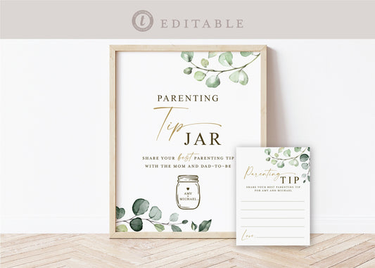 Parenting Tips Jar . Personalized Baby Shower Game . Sign + Card . Greenery + Gold . PRINTABLE Editable Template Download Templett G2-T