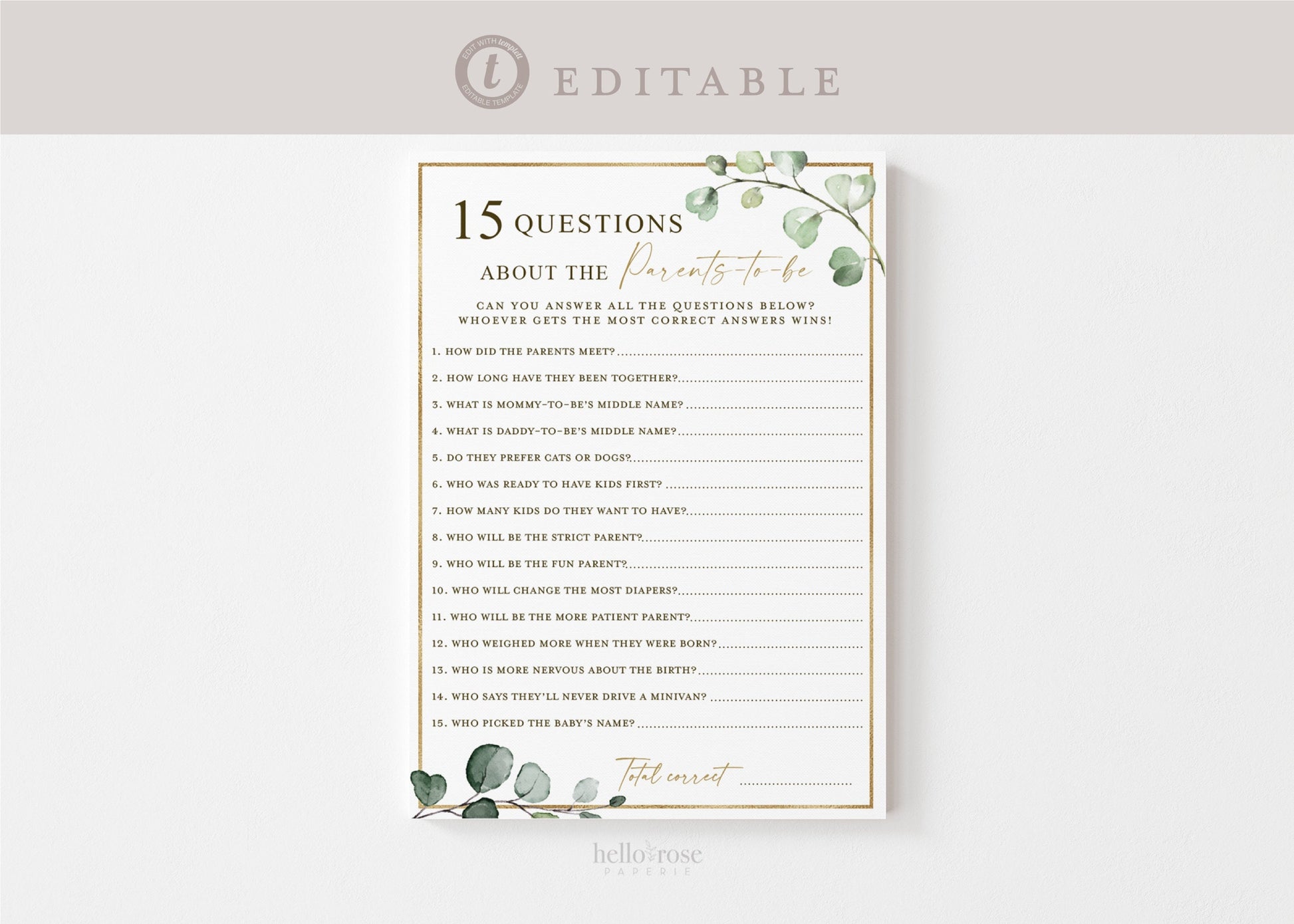 15 Questions About the Parents Printable Game . Gender Neutral Greenery Gold . PRINTABLE Editable Template . Instant Download Templett G2-T