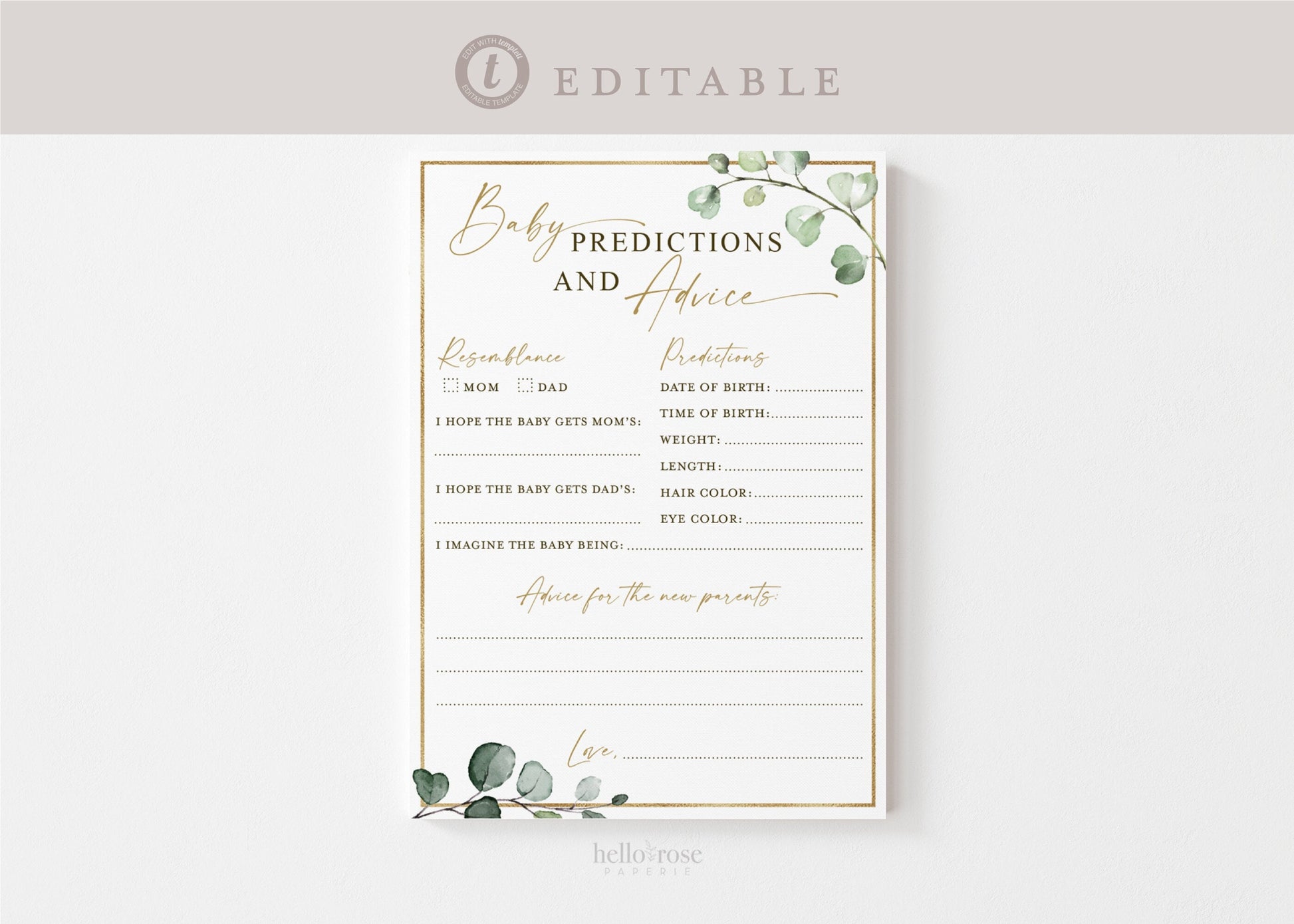 Baby Predictions and Advice Personalized Game . Gender Neutral Greenery+Gold . PRINTABLE Editable Template . Instant Download Templett G2-T
