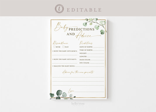 Baby Predictions and Advice Personalized Game . Gender Neutral Greenery+Gold . PRINTABLE Editable Template . Instant Download Templett G2-T