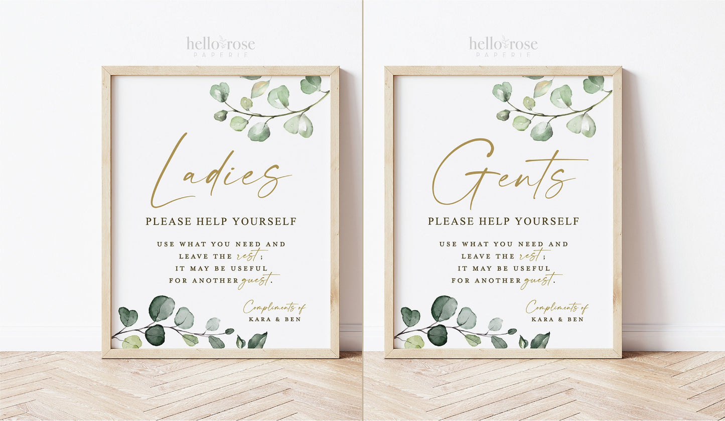 Personalized Wedding Bathroom Basket Printable Signs . Ladies and Gents Wedding Restroom Please Help Yourself . Greenery Gold . Download G2