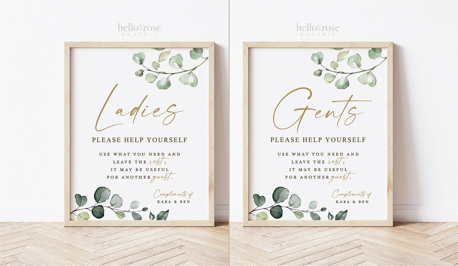 Personalized Wedding Bathroom Basket Printable Signs . Ladies and Gents Wedding Restroom Please Help Yourself . Greenery Gold . Download G2