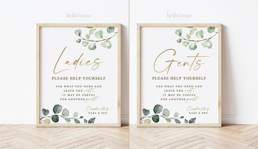 Personalized Wedding Bathroom Basket Printable Signs . Ladies and Gents Wedding Restroom Please Help Yourself . Greenery Gold . Download G2