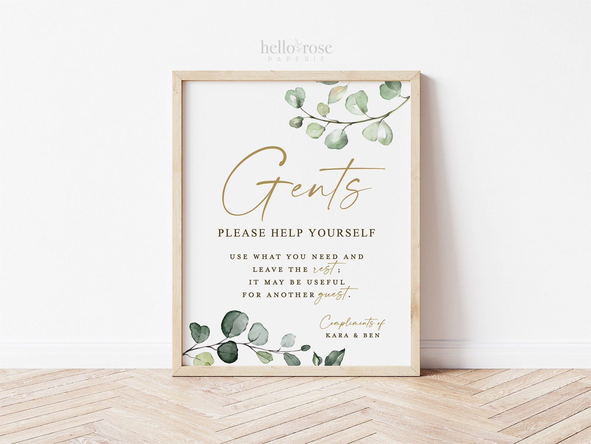 Personalized Wedding Bathroom Basket Printable Signs . Ladies and Gents Wedding Restroom Please Help Yourself . Greenery Gold . Download G2