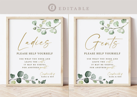 Wedding Bathroom Basket Printable Signs . Ladies and Gents Wedding Restroom . Please Help Yourself . Template Instant Download Templett G2-T