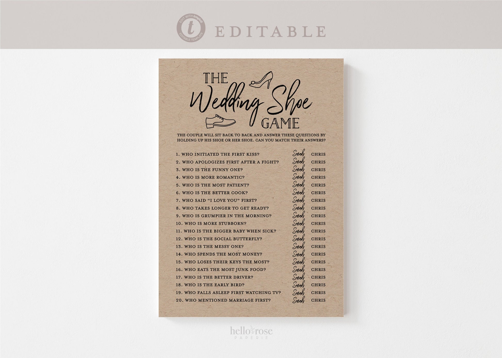 The Wedding Shoe Game . Wedding Bridal Shower Engagement Party Rehearsal Dinner . Kraft . PRINTABLE Editable Template Download Templett